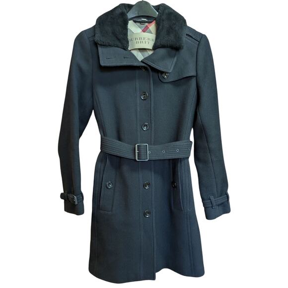 Burberry Brit Wool Belted Trench Coat with Shearling Collar Size US 6 / IT 40 - Picture 2 of 6